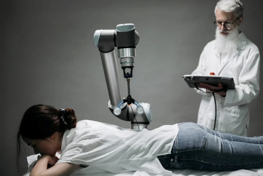 Woman getting treated by a robot